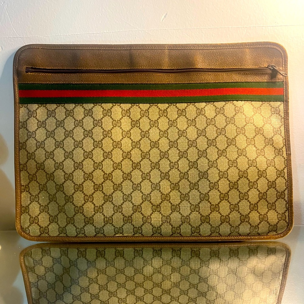 Authentic Gucci Brown and Green Laptop Bag with Iconic Monogram